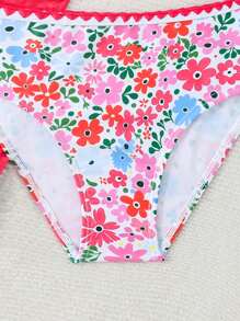 Tween Girl Floral Print Bikini Set With Cover Up Skirt - Black and White - View 4