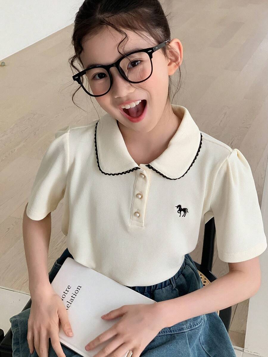 Dazy Kids 青少年女孩秋季翻领半扣T恤，返校服装