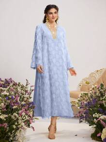 Al Najma 女式拼接丝带 V 领流苏设计宽松阿拉伯连衣裙，朴素长袍 - 藍色 - 查看 7