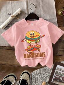 SHEIN Leap Crew ModeFlare Wear Young Girl Casual Simple Cute Food Print, French Fries, Hamburgers, Skateboard Cartoon Pattern 3 Packs, Pink + White + Black All-Match Street Fashion T-Shirt Suitable For Summer - Multicolor - View 5