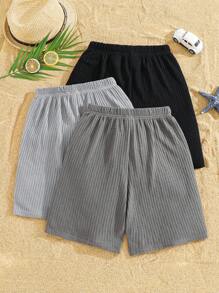 3pcs Kids Tween Boy Casual Versatile And Comfortable Letter Print Pattern Loose Knit Loose Clean Color Shorts Multi Piece Set, 3 Styles Each, 1 Three Pieces Set Suitable For Commuting To School, Daily Leisure Vacation Travel, Suitable For Sports, Suitable For Spring And Summer Seasons