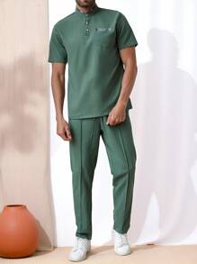 Manfinity Hypemode Men's Simple & Fashionable Shirt And Pants Set, Suitable For Summer - Green - View 1