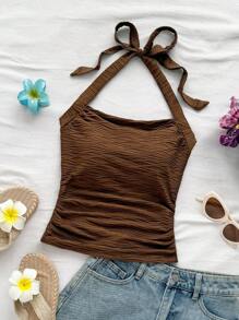 Soleia Áo ba lỗ bó sát dệt kim màu trắng cổ yếm dành cho nữ - Cà phê nâu - Xem 6