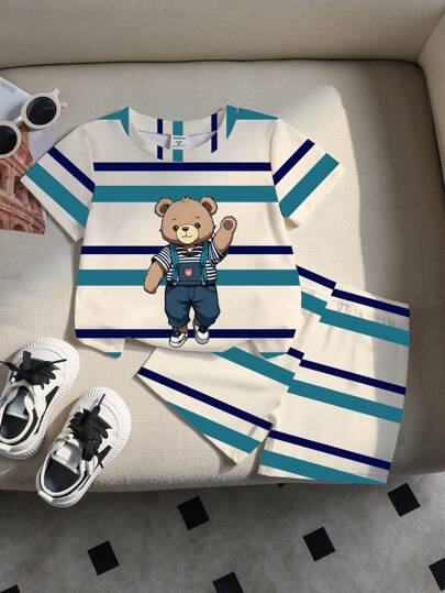 Baby Boy Teddy Bear & Striped Print Round Neck Short Sleeve T-Shirt & Striped Shorts 2 Pieces Set Baby Clothes Boy Set