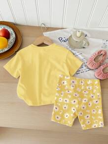 SHEIN Bộ áo thun tay ngắn cổ tròn tối giản giản dị cho bé gái và quần short bó sát, phù hợp cho mùa xuân và mùa hè - Nhiều màu - Xem 3