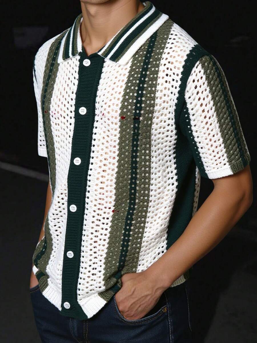 Manfinity Homme Men's Summer Color Block Striped Front Button Short Sleeve Hollow Knitted Top Vintage Tees Men Men Crochet Shirt - Dark Green - View 1