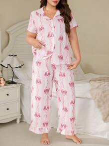 SHEIN Bowknot Striped Print Lapel Short Sleeve & Pants Plus Size Pajama Set Holiday Season - Multicolor - View 6