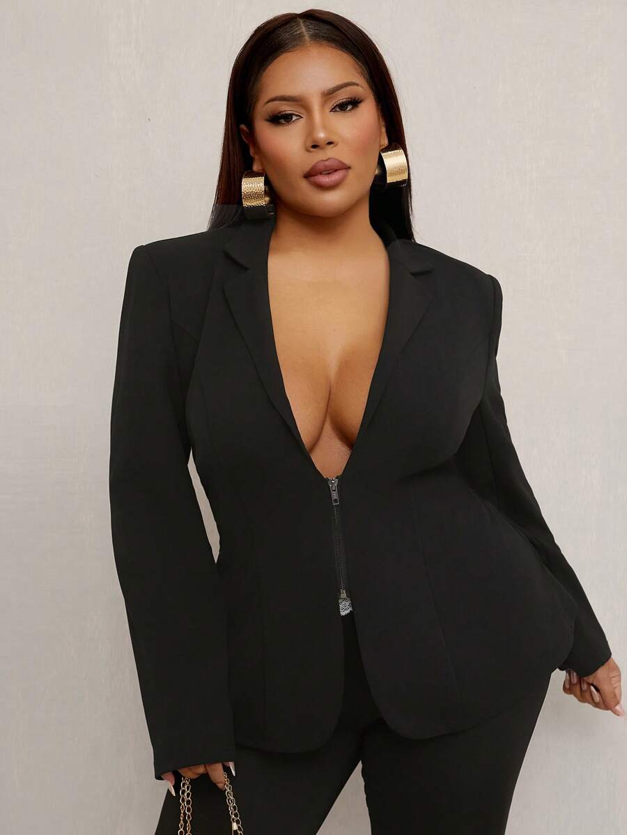 SHEIN SXY 大码时尚性感前拉链西装外套