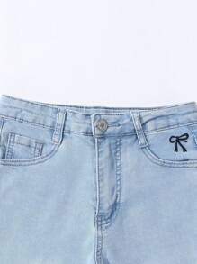 Girls Casual Urban Light Washed Chic Jeans All Year Round Essentials, Bow Embroidered Elastic Flare Leg Design With Zipper Hem - Light Wash - View 7