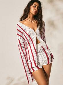 Easelle Bộ 2 món áo len cardigan sọc đỏ trắng khoét rỗng dành cho kỳ nghỉ dành cho nữ và quần short - Nhiều màu - Xem 8