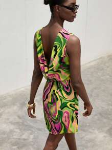 Aveloria Modichic 时尚抽象波浪印花圆领无袖迷你连衣裙，露背设计，时尚 - 彩色 - 查看 6