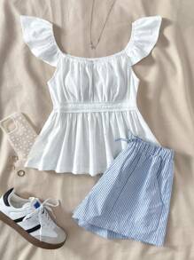 SHEIN Teen Girls All-Match Casual Versatile Solid Jacquard Loose Fit Cap Sleeve Blouse & Striped A-Line Mini Skirt, Spring & Summer