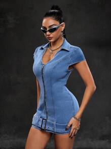 SHEIN ICON Đầm denim mini ôm vừa vặn gợi cảm cho nữ, mùa hè - Màu xanh lam - Xem 3