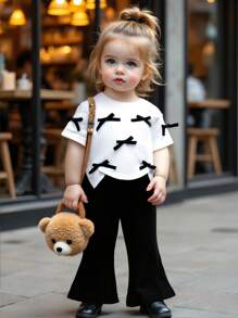 2 Pieces Set Baby Girl Summer New Style Bowknot Sweet Casual Short Sleeve Top + High Waist Flare Pants, Fashionable Korean Outfit