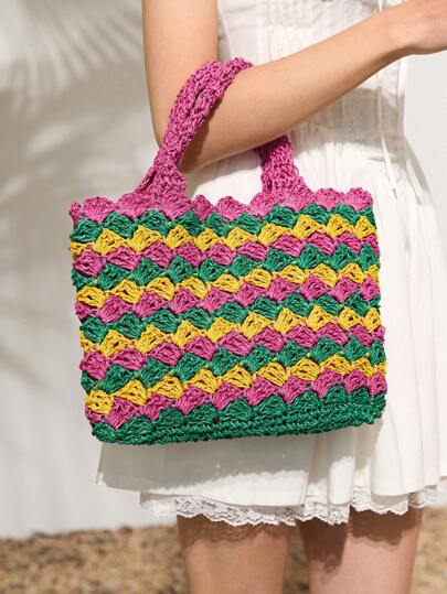 SHECARRY Túi xách Tote kẻ sọc màu tương phản thời trang dành cho nữ, lý tưởng cho kỳ nghỉ