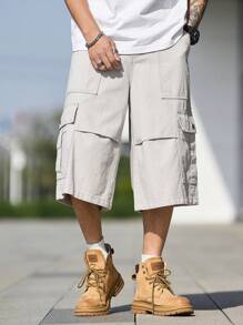 Claim Dot 男士宽松工装口袋阔腿休闲牛仔短裤 - 淺灰色 - 查看 3