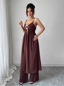 Chiquease Women's Elegant Casual Camisole And Metal Buckle Decor Pants Set - Brown - View 3