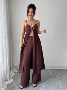 Chiquease Women's Elegant Casual Camisole And Metal Buckle Decor Pants Set - Brown - View 4