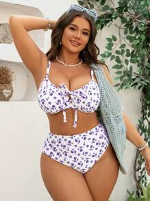 Swim Mod 大码甜美碎花系带钢圈比基尼套装 - 紫色 - 查看 4