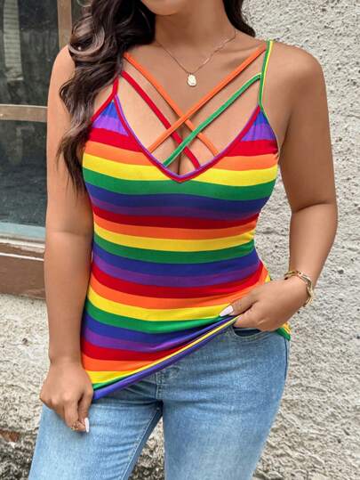 SHEIN LUNE Plus Size Women Casual Colorful Striped Crisscross Straps Cami Top Vacation Outfits Woman Beach Outfits For Woman Festival Pride Day Rainbow Pattern Women Summer Clothes Dress Summer Clothes Women Summer Shirts Women Clothes Women Short Dresses Summer