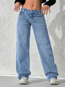 SHEIN ICON Quần Jeans Ống Thẳng Túi Rộng Thoải Mái Đa Năng Thường Ngày Cho Nữ - Rửa trung bình - Xem 5