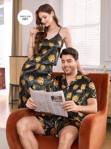 CoupledUp Fashionable Leopard Print Satin Cardigan Set For Men, Loungewear - Multicolor - View 4