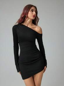 SHEIN Tall 女士夏季新年约会之夜罗纹针织褶皱不对称领口修身半身裙