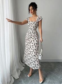 Elenzga New Arrival Women's Square Neck Floral Print Sheer Mesh V-Waist A-Line Ruched Dress, Elegant For Dating, Travel, Waist Cinching, Figure Flattering