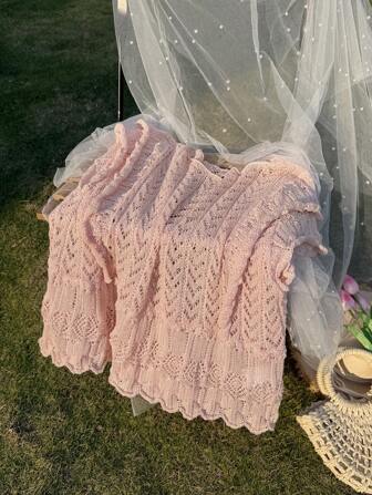 SHEIN Privé 1 件大码女式优雅宽松多层盖袖和下摆针织毛衣，透明粉色海滩风；女式学院风上衣