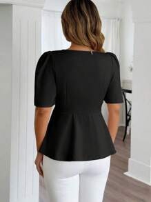 Franclia Plus Size Solid Color Square Collar Front Button Elegant Short Sleeve Blouse