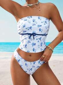 Swim Mod Women's Sweet Ditsy Floral Halter Bikini Set, Spring/Summer - Blue and White - View 3