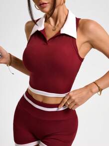 SHEIN 女式简约拼色领口无袖运动 Polo 衫，适合夏季运动 - 鏽棕色 - 查看 1