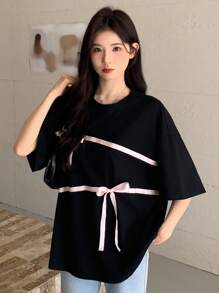 DAZY 女士夏季拼接大蝴蝶结宽松休闲短袖T恤可爱上衣