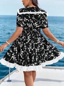 SHEIN LUNE 夏季时尚法式浪漫优雅多莉领荷叶边下摆碎花连衣裙 - 黑色 - 查看 2