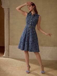 MOTF PREMIUM ALL OVER PRINT BUTTON UP DENIM DRESS - Medium Wash - View 5