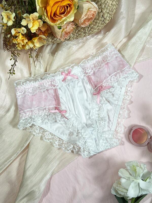 Niedliche, romantische, bequeme Satin Blumen Spitze Rüschen Kontrast Farbe Höschen Unterhose, rosa & weiß, Unterwäsche für Teenager Mädchen