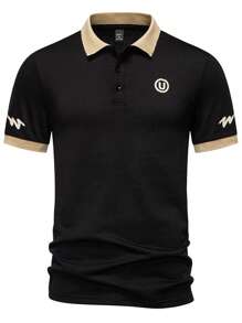 Manfinity Homme Men's Solid Color Short Sleeve Polo Shirt, Simple Fashion Style Suitable For Summer - Black - View 4