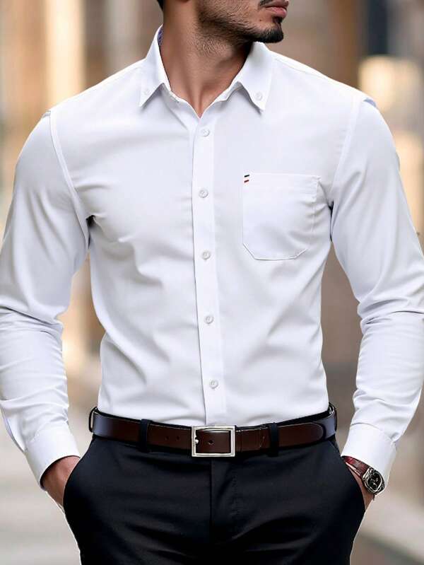Manfinity Bizformal White Button Front Pockets Long Sleeve Casual Business Shirt, Plain Shirts For Men, Men Fitted Shirts, Unique Suit For Men