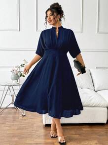 Elenzga 优雅休闲商务通勤女装夏季褶皱设计黑色中长款松紧腰宽松V领短袖大码连衣裙 - 藏蓝色 - 查看 7