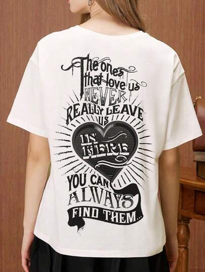HARRY POTTER X SHEIN Round Neck Short Sleeve Loose White, Black And White Text Slogan Love Azkaban Prisoner Sirius Quotes Printed Pattern Women's T-Shirt, Comfortable In Summer