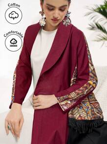 Al Najma Cardigan Abaya pentru femei, cu imprimeu floral, casual, conservator, cu ciucuri, halat modest - Burgundia - Vizualizare 1