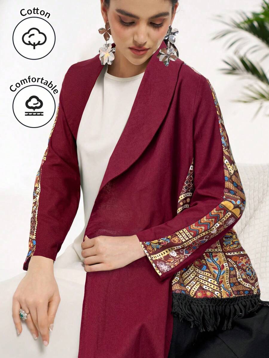 Al Najma Cardigan Abaya pentru femei, cu imprimeu floral, casual, conservator, cu ciucuri, halat modest - Burgundia - Vizualizare 1