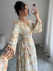 SHEIN Najma Vestido elegante árabe modesto con estampado floral, cinturón y mangas acampanadas para mujer