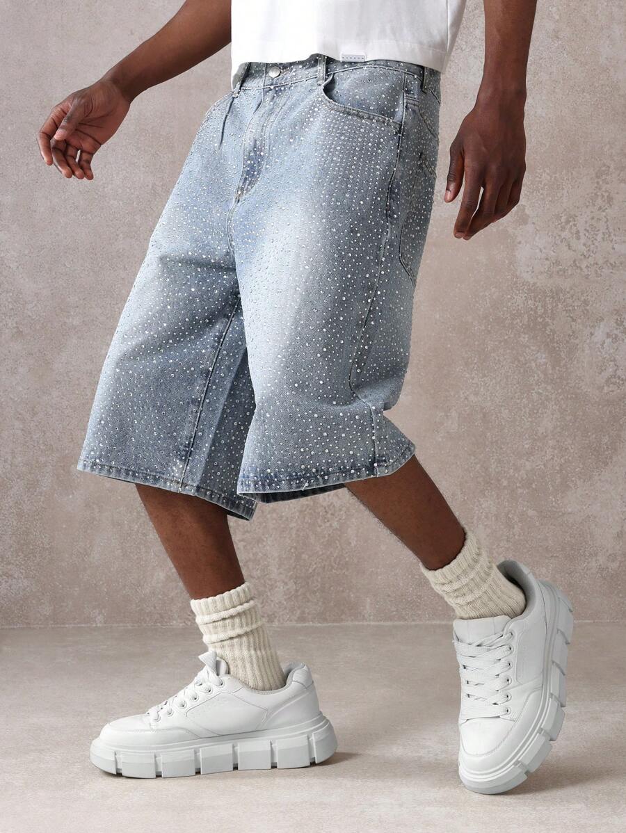 SUMWON 闪亮水钻装饰阔腿牛仔百慕大短裤 Y2K 节时尚高腰宽松夏季街头风格