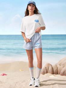 Shark Week X SHEIN Women's Shark & Letter Graphic Round Neck Short Sleeve T-Shirt - White - View 4