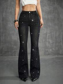 Coolane Women's Summer Concert Cowgirl Rave Western Wear Music Festival Y2K Party Rave Denim Rhinestone Low Rise Flare Jeans With Rhinestones, Night Out, Vintage, Streetwear, Fall Women Jeans - Black - View 4