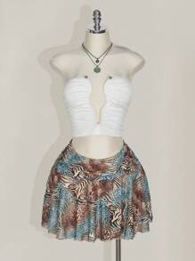 SHEIN ICON Women's Plus Leopard Print Ruched Waist Side Slit A-Line Mini Skirt, Suitable For Party, Date, Street, Vacation, Music Festival, Beach, Summer - Multicolor - View 4