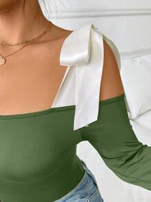 Celure 大码女式优雅针织长袖露肩大蝴蝶结T恤 - 軍綠色 - 查看 5