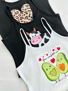 Snug Zone Set de 3 piezas de pijama de camiseta sin mangas y shorts con estampado de dibujos animados y encaje para mujeres - Multicolor - Ver 6