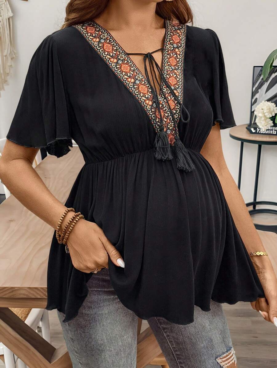 SHEIN Áo thun tay ngắn tua rua họa tiết hoa chắp vá cho bà bầu - màu đen - Xem 1